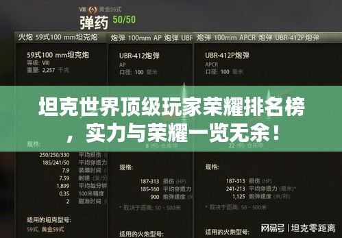 坦克世界頂級玩家榮耀排名榜，實力與榮耀一覽無余！