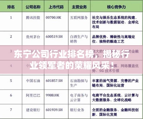 東寧公司行業(yè)排名榜，揭秘行業(yè)領(lǐng)軍者的榮耀風(fēng)采！